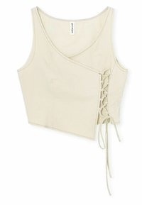 Hellbeige, kurzes Tanktop mit Wickeldesign, ausgestattet mit einem Schnürdetail an der Seite und glattem Textil. Das Etikett lautet "RÉSUMÉ."