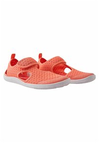 Lightweight, breathable coral mesh shoes with cut-out side details, adjustable strap, and white rubber soles. Ideal for casual or water activities.