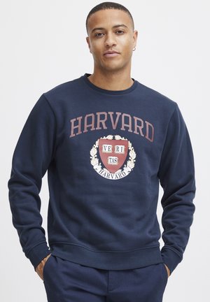 Marineblå hettegenser med et sentralt Harvard-logo med skjolddesign, tekst som leser "VERITAS," og et laurbærkransmønster.