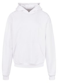 Felpa bianca con cappuccio realizzata in tessuto morbido, presenta una tasca a marsupio, polsini e orlo a coste, con una texture liscia e una vestibilità rilassata.