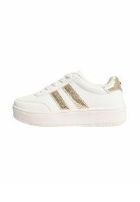 White sneaker with gold glitter stripes, smooth synthetic upper, rounded toe, flat sole, and textured accents on the heel.