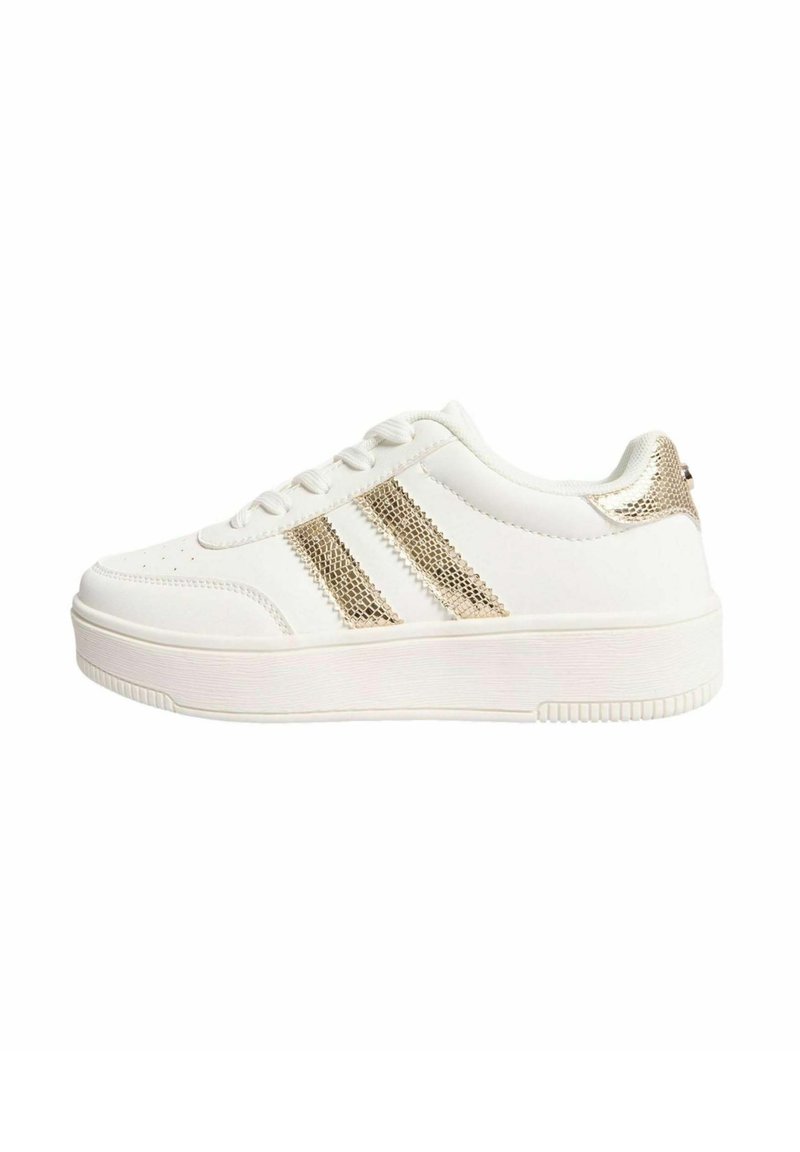 White sneaker with gold glitter stripes, smooth synthetic upper, rounded toe, flat sole, and textured accents on the heel.