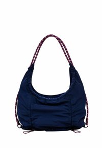 Dunkelblaue Nylon-Handtasche mit gerafftem Design und geflochtenen lila und gelben Trägern. Sie hat eine strukturierte Oberfläche und einen verstellbaren Zugverschluss.