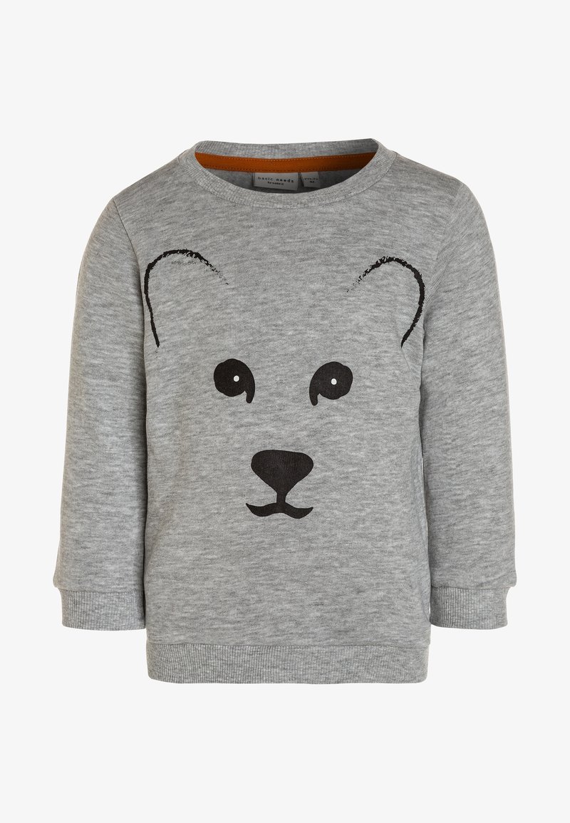 Sweat-shirt gris en tissu doux avec manches longues, comportant un motif de visage d'ours noir sur le devant, col rond et poignets côtelés.