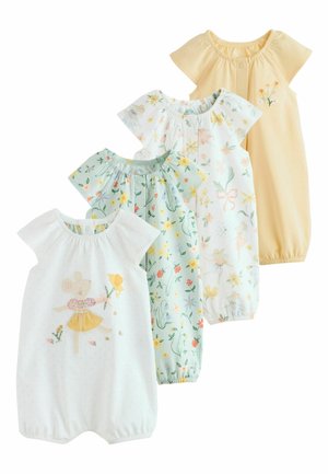Cztery body niemowlęce w pastelowych kolorach, z kwiatowymi wzorami i misiem trzymającym kwiat na białym body z przodu.