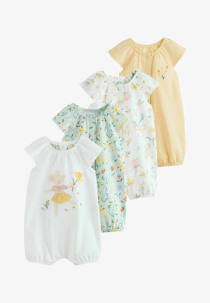 Vier Baby-Strampler in Pastellfarben mit Blumenmustern und einem Teddybär, der auf dem weißen Strampler vorne eine Blume hält.