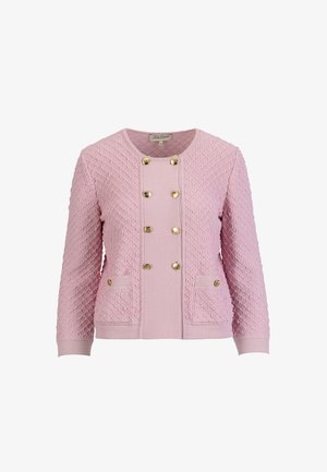 Rozi teksturirani pleteni kardigan s okruglim izrezom, zlatnim gumbima u dvorednom stilu i prednjim džepovima s detaljima zlatnih gumba.