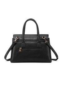 Borsa a mano in pelle nera con texture, dotata di manici superiori doppi, tracolla removibile, tasca frontale con zip e dettagli in hardware dorato.