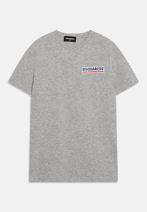 T-shirt gris à manches courtes avec col rond et logo "DSQUARED2" bleu et rouge sur le côté gauche de la poitrine, taille 10Y.