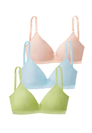 Three soft-cup bras in pastel peach, blue, and green with adjustable straps and small center bows, displayed on a white background.