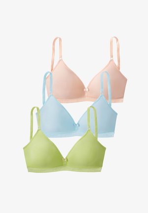 Drei Softcup-BHs in pastellfarbenem Pfirsich, Blau und Grün mit verstellbaren Trägern und kleinen mittigen Schleifen, auf weißem Hintergrund dargestellt.