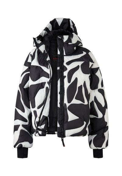 Černobílá péřová bunda s abstraktním vzorem, zipovým zapínáním, kapucí, žebrovanými manžetami a elastickým lemem. Texturovaný, izolační materiál.