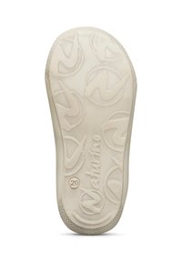 Bílá gumová podešev s texturovaným povrchem. Obsahuje opakující se kruhový vzor a embosované logo, označené číslem "20."