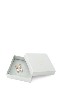 Guldtonade örhängen med en slät oval droppe, visade i en ljusgrå strukturerad presentlåda med en subtil präglad logotyp.