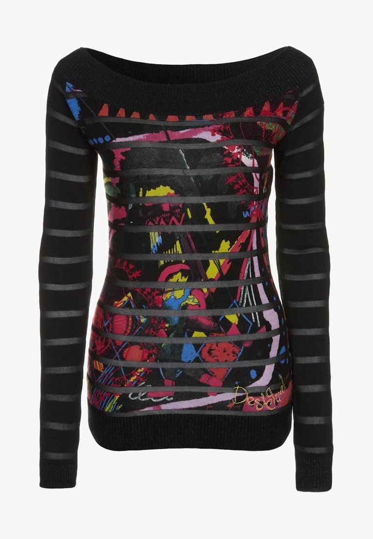 Long-sleeve knit top featuring a black and multicolored design with horizontal stripes, an off-shoulder neckline, and textured fabric.