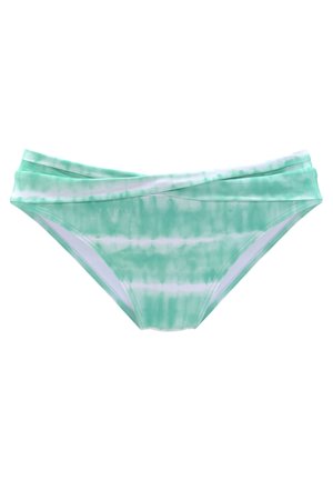 Grüner Batik-Bikiniunterteil mit schichtweisem Bund, das ein gemischtes Muster aus hellen und dunklen Grüntönen zeigt, aus glattem Stoff gefertigt und in passender Form.