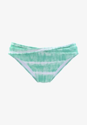 Bikini bottom verde tie-dye con una fascia sovrapposta, caratterizzato da un motivo misto di verdi chiari e scuri, texture del tessuto liscia e forma aderente.