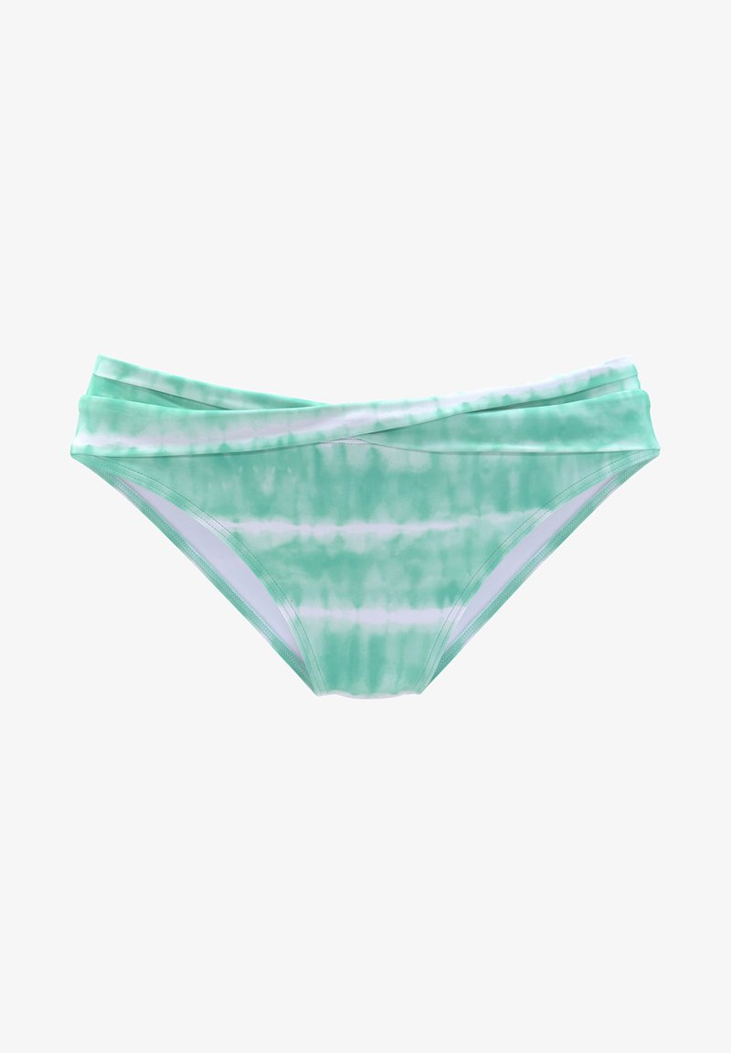 Zielony bikini w stylu tie-dye z warstwowym pasem, z mieszanym wzorem jasnych i ciemnych odcieni zieleni, gładką teksturą tkaniny i dopasowanym krojem.