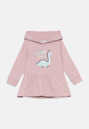 Rosa hettegenserkjole med lange ermer for småbarn, med en smilende blå dinosaur som har på seg krone og teksten "Dino Princess" på fremsiden.