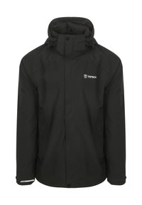 Zwarte waterdichte jas met een hoge kraag, een rits aan de voorkant en een verstelbare kap. Bevat het merklogo en reflecterende accenten op de mouwen.