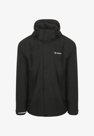 Zwarte waterdichte jas met een hoge kraag, een rits aan de voorkant en een verstelbare kap. Bevat het merklogo en reflecterende accenten op de mouwen.