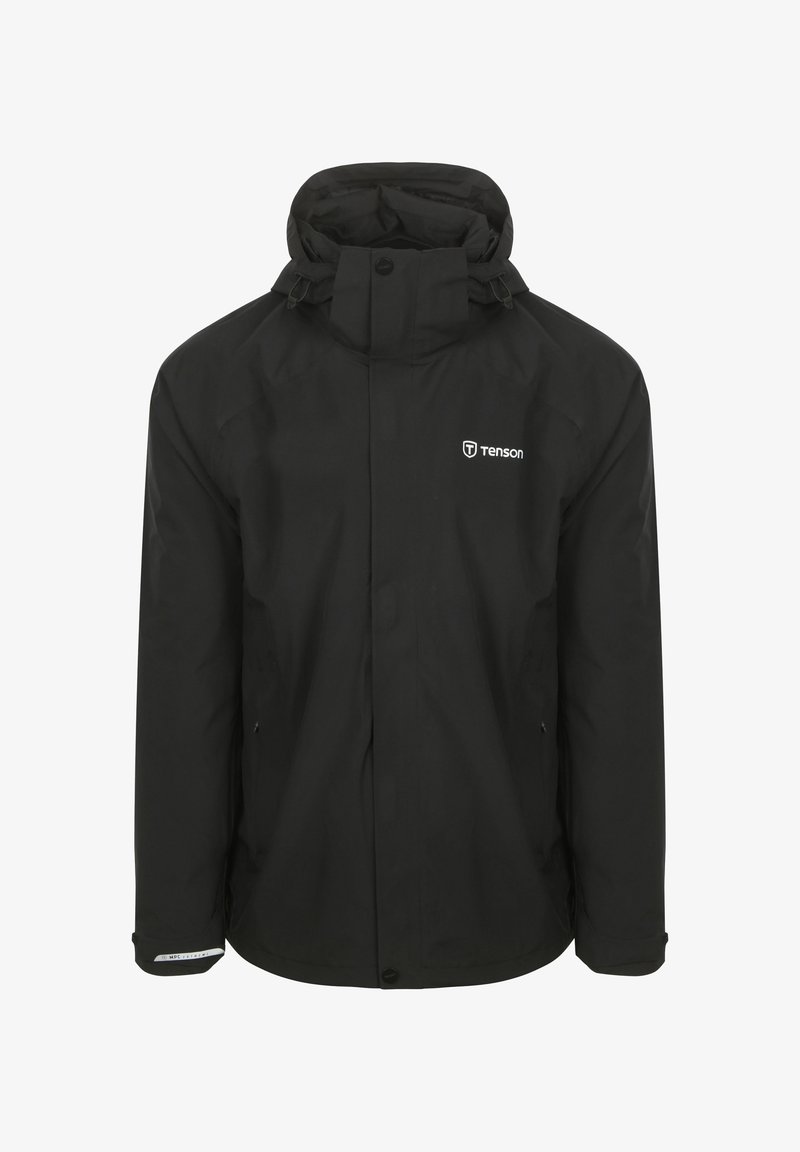 Zwarte waterdichte jas met een hoge kraag, een rits aan de voorkant en een verstelbare kap. Bevat het merklogo en reflecterende accenten op de mouwen.