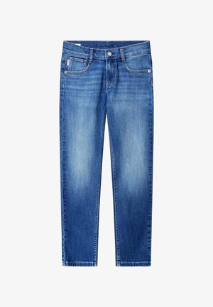 Blaue Denim-Jeans mit geradem Bein, fünf Taschen, Knopfverschluss und leichtem Verblassen an Oberschenkeln und Knien, auf weißem Hintergrund dargestellt.