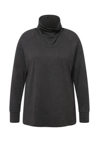Camicia a maniche lunghe di colore grigio scuro, con un design a collo alta, maniche raglan e una texture del tessuto morbida. Senza motivi o accenti visibili.
