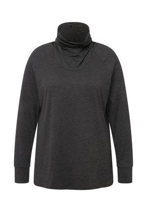 Langarmshirt in Dunkelgrau mit einem Kapuzenkragen-Design, Raglanärmeln und weichem Stoff. Keine Muster oder Akzente sichtbar.