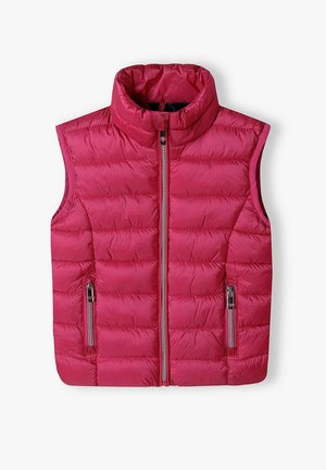 Ujjatlan, puffos mellény élénk rózsaszínben, magas gallérral, elülső cipzárral és két oldalsó cipzáras zsebbel. Sima, steppelt textúra.