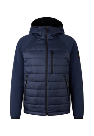 Marineblaue gesteppte Daunenjacke mit Kapuze. Verfügt über eine gesteppte Vorderseite, Reißverschlusstaschen und eine glatte Rückseite mit elastischen Bündchen.