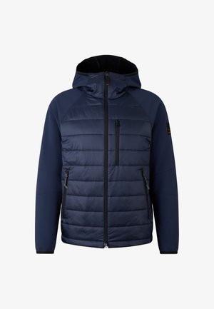 Marineblaue gesteppte Daunenjacke mit Kapuze. Verfügt über eine gesteppte Vorderseite, Reißverschlusstaschen und eine glatte Rückseite mit elastischen Bündchen.
