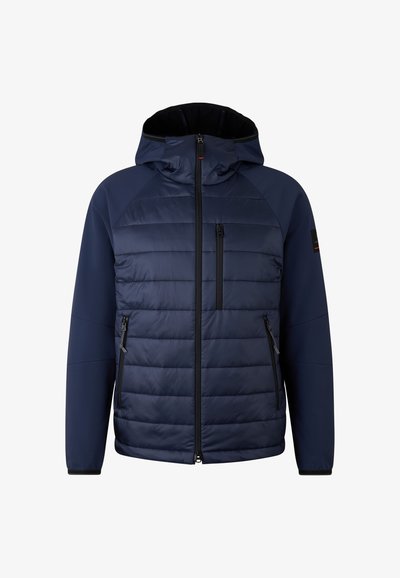 Marineblaue gesteppte Daunenjacke mit Kapuze. Verfügt über eine gesteppte Vorderseite, Reißverschlusstaschen und eine glatte Rückseite mit elastischen Bündchen.