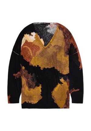 Pull à manches longues avec col en V, orné d'un motif abstrait de taches de peinture noires, brunes, jaunes et couleur rouille.