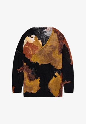 Pull à manches longues avec col en V, orné d'un motif abstrait de taches de peinture noires, brunes, jaunes et couleur rouille.