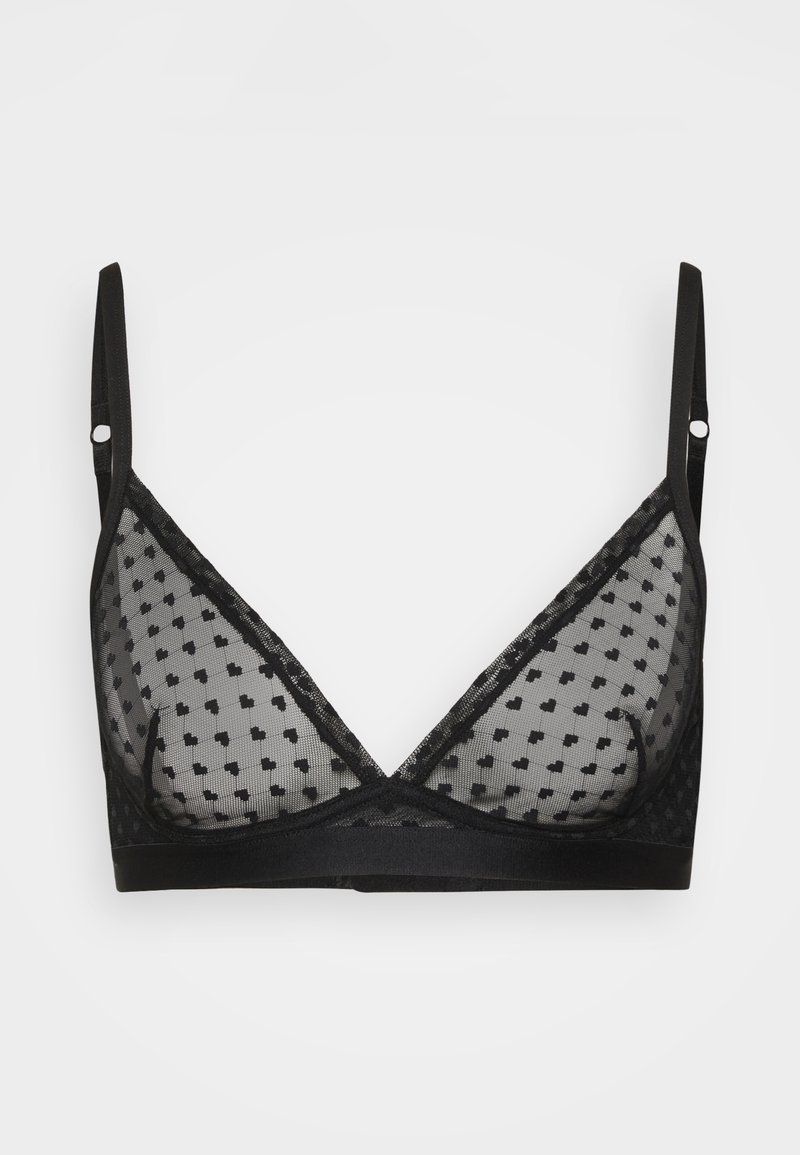 Svart gjennomsiktig bralette med justerbare stropper og hjerteformet mønster på mesh-stoffet, med en myk stropp under koppene.