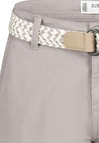 Gray shorts made of lightweight material with a braided white belt. The belt features a tan leather accent and a metal clasp.
