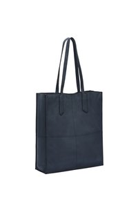 Borsa tote in pelle blu navy con due manici lunghi, forma rettangolare, texture liscia e dettagli di cuciture verticali, senza elementi in metallo.