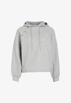 Jasnoszara bluza z kapturem, z rękawami typu raglan, ściągaczami oraz trzema ozdobnymi zatrzaskami na ramieniu. Miękka w dotyku.