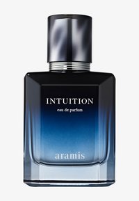 Klart glass parfymeflaske med en mørk marinegradient. Sølvhette og band. Etiketten viser "INTUITION eau de parfum" og "aramis" i hvitt.