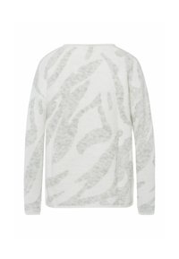 Weißer Pullover mit einem strukturierten, abstrakten grauen Muster. Er hat lange Ärmel und einen runden Ausschnitt und ist locker geschnitten.