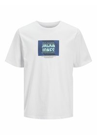Valge puuvillane T-särk sinise graafilise ruuduga, millel on rasvases kirjas "JACK & JONES" ja tekstuuriline muster. Ümar kaelus, lühikesed varrukad.