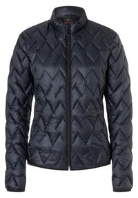 Tmavě modrá prošívaná bunda s vysokým límcem, celým zipem a diagonálními diamantovými vzory. Vyrobená z lehkého, lesklého materiálu.