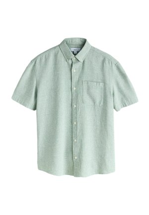 Kurzärmeliges, hellgrünes Hemd zum Knöpfen mit kariertem Muster, einer einzelnen Brusttasche und klassischem Kragen.