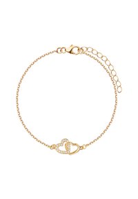 Złota bransoletka łańcuszkowa z dwoma połączonymi serduszkami, z których jedno jest oprawione w cyrkonie, oraz z zapięciem typu homar zapewniającym bezpieczne zamknięcie.