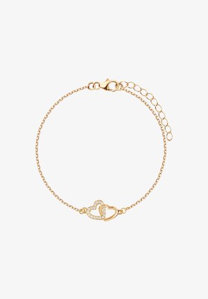 Złota bransoletka łańcuszkowa z dwoma połączonymi serduszkami, z których jedno jest oprawione w cyrkonie, oraz z zapięciem typu homar zapewniającym bezpieczne zamknięcie.