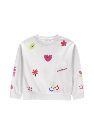 Biała bluza z długim rękawem z kolorowymi uśmiechniętymi sercami, kwiatami oraz wzorami tekstowymi "best friends" i "love" rozmieszczonymi na przodzie i rękawach.