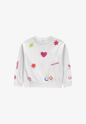 Biała bluza z długim rękawem z kolorowymi uśmiechniętymi sercami, kwiatami oraz wzorami tekstowymi "best friends" i "love" rozmieszczonymi na przodzie i rękawach.
