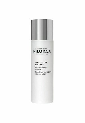 Filorga Time-Filler Essence -ihoa siloittava ikääntymisen vastainen voide valkoisessa pullossa hopeakorkilla, mustalla tekstillä varustettuna.