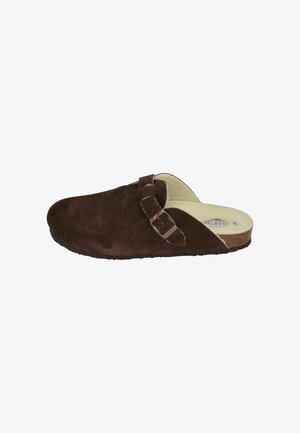 Brown suede slip-on clog with a single adjustable strap and buckle. Soft inner lining, contoured footbed, and textured rubber sole.